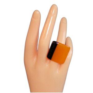 Vtg Marion Godart Orange Black 2 Tone Resin Ring Chunky Square Statement Sz 7.5